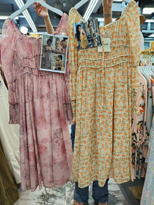 Summer Floral Wide Neckline Bishop Sleeves Maxi Dress